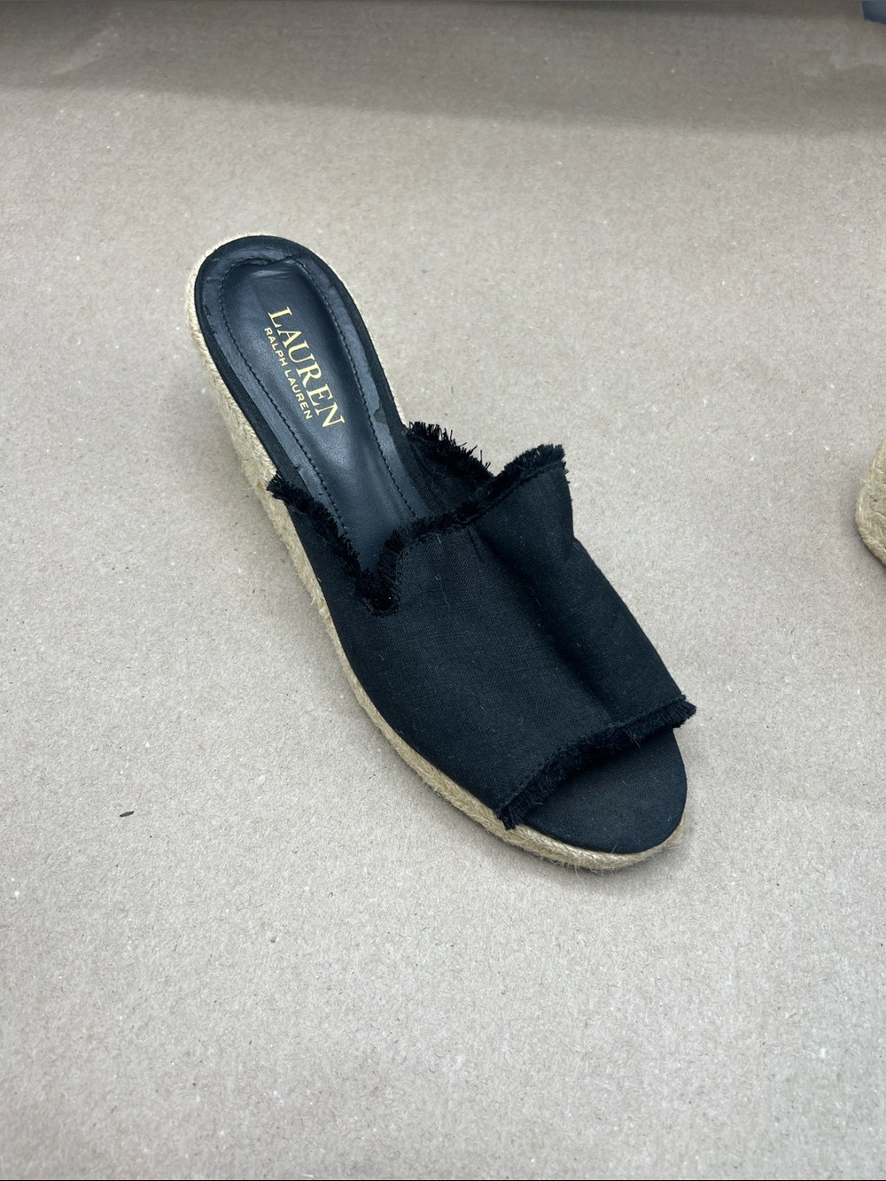 LAUREN by RALPH LAUREN Carlynda Black Linen  Wedge Espadrille Sandals 8.5